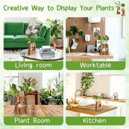 CYZglass Glass Plant Propagation Station for Hydroponics, Heart Shaped Wooden Base with Double Test Tube, Home and Office Desktop Decor Vase
