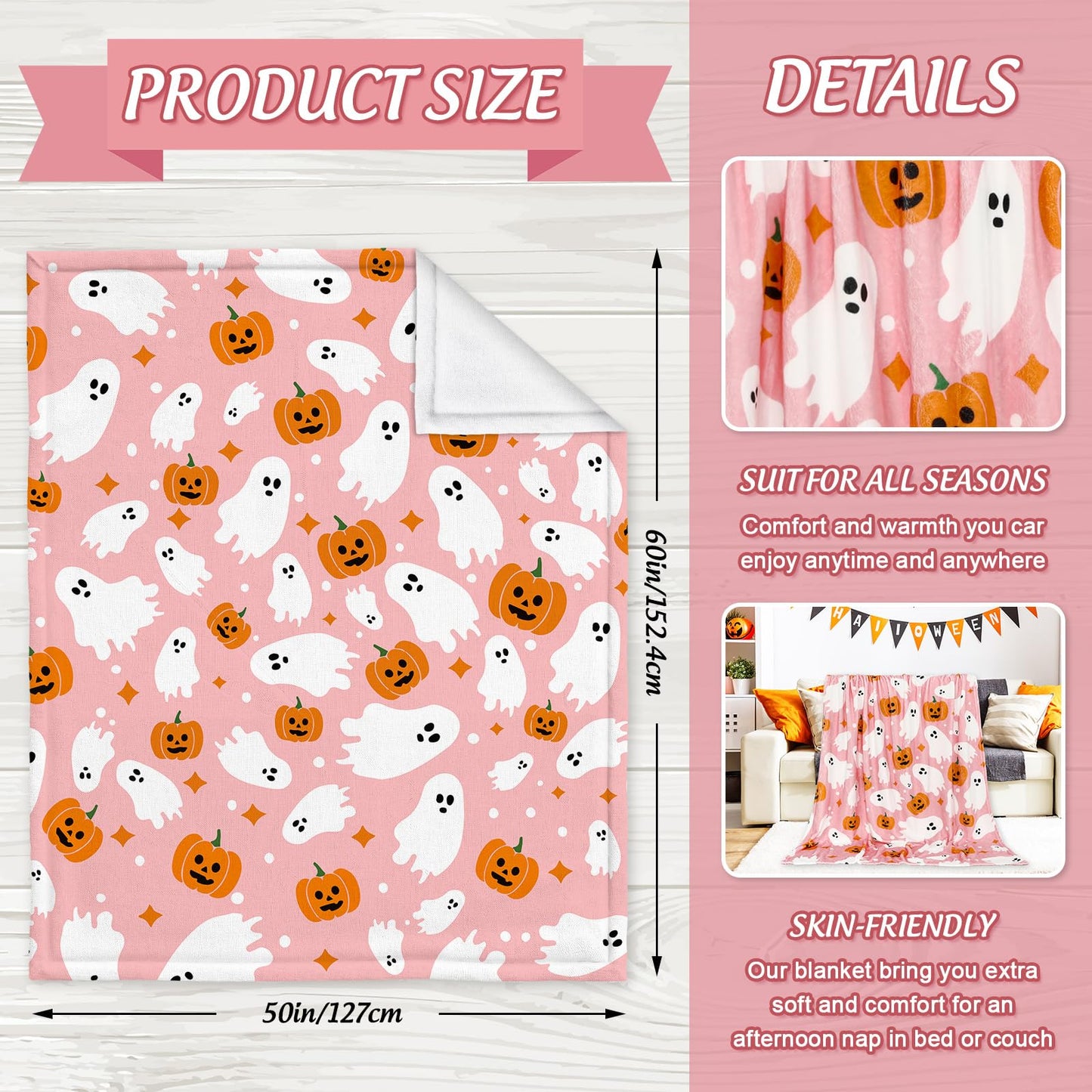 JarThenaAMCS Halloween Fuzzy Flannel Blanket 60 x 50 Inch Ghost Pumpkin Throw Blanket Pink Soft Blankets for Farmhouse Home Chair Sofa Couch Bed