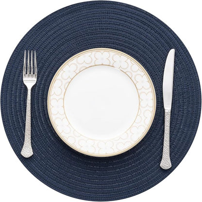 SHACOS Round Placemats Set of 8 Washable 15 inch Round Table Mats Cotton Polyester Woven Braided Place Mats for Dining Table, Navy