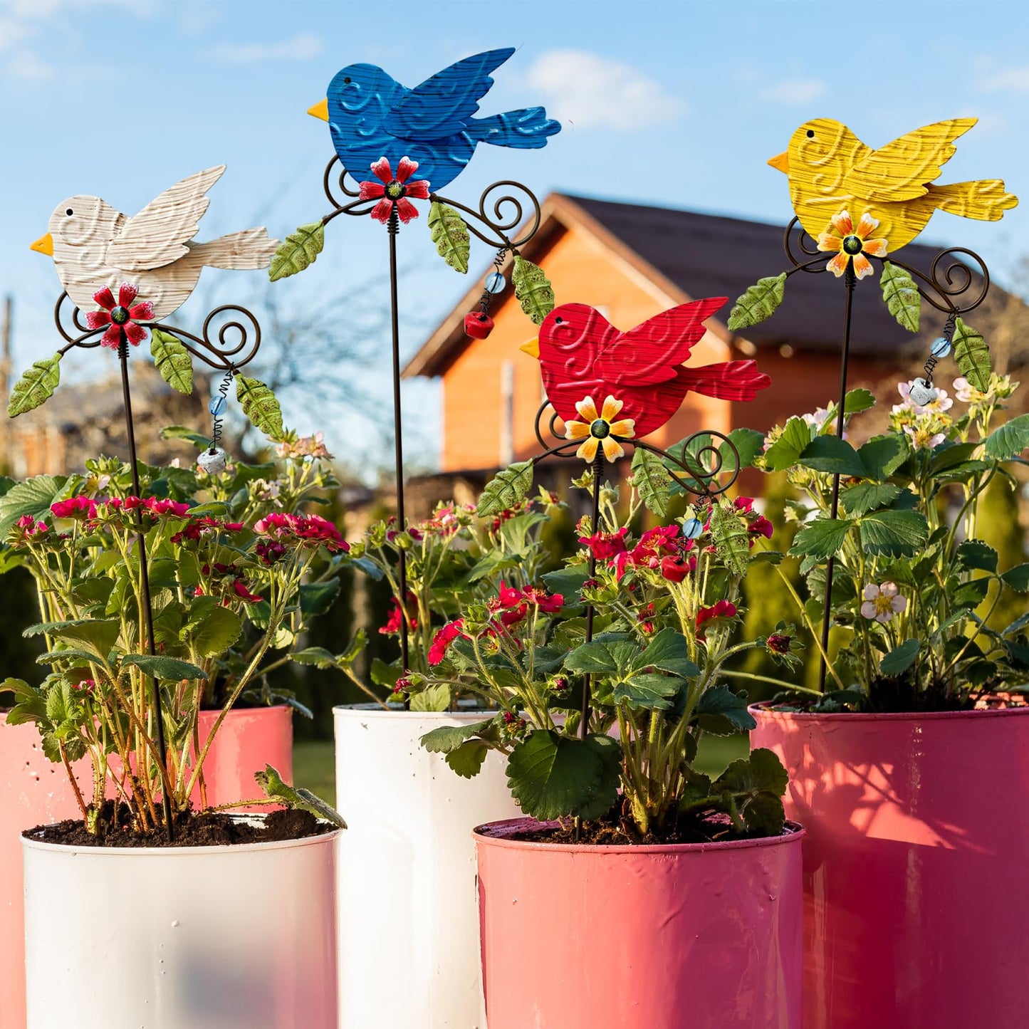 WKHOMEDECO 4 Pack Decorative Garden Stakes - 14.2" Metal Flowers for Outside & Metal Yard Art Outdoor and Garden, Rust-Resistant Shaking-Head Bird Lawn Ornaments for Patio - Gift for Gardeners