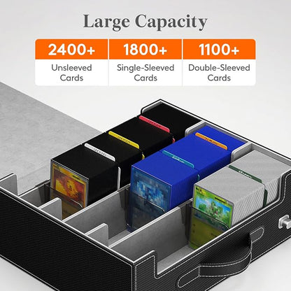 Lifewit Trading Card Storage Box with Handle, Holds Up to 1800 Sleeved Cards with 12 Adujstable Dividers & 4 Stoppers, Aluminum Closure PU Leather Case for MTG, PTCG, YGO, Sports Cards, Black& Gray