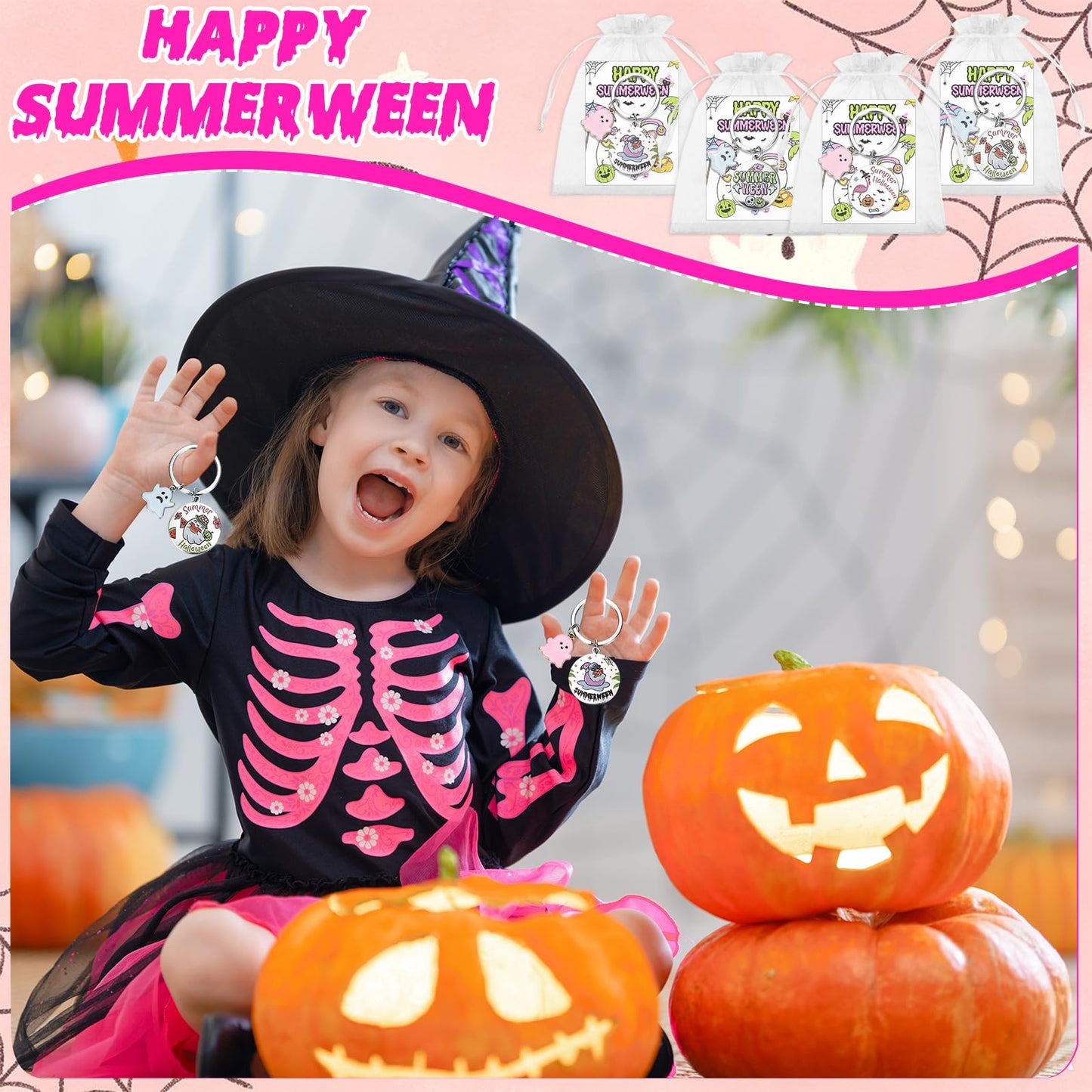 12 Sets Summerween Party Decor Gifts Summerween Ghost Keychain with Cards Organza Bags Summer Halloween Theme Party Favor Keyring for Guests Coworkers Tropical Beach Pool Hawaiian Spooky Party Supply