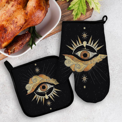 Mingnei Tarot Evil Eye Halloween Oven Mitts and Pot Holders Set, Heat Resistant Potholder Kitchen Decor for Cooking Baking BBQ Grilling, Goth Tarot Oven Glove Set, Gothic Witchy Gifts