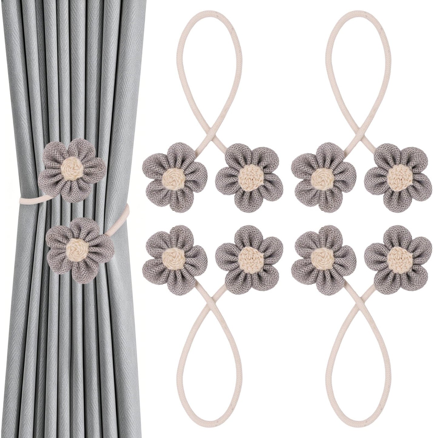 GDFYMI 4 Pack Flower Curtain Tiebacks, Rope Curtain Tiebacks Boho Style, Simple Elegant DIY Curtain Holdbacks, Curtain Tie Backs for Home Office Bedroom Nursery Farmhouse Decor (Grey)
