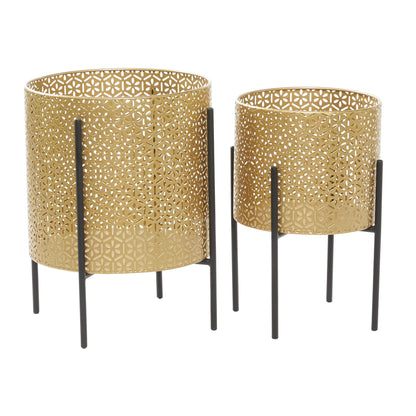 CosmoLiving by Cosmopolitan Metal Indoor Outdoor Planter Floral Cutout Small Planter Pot with Removable Stand, Set of 2 Planters 15", 14"H, Gold
