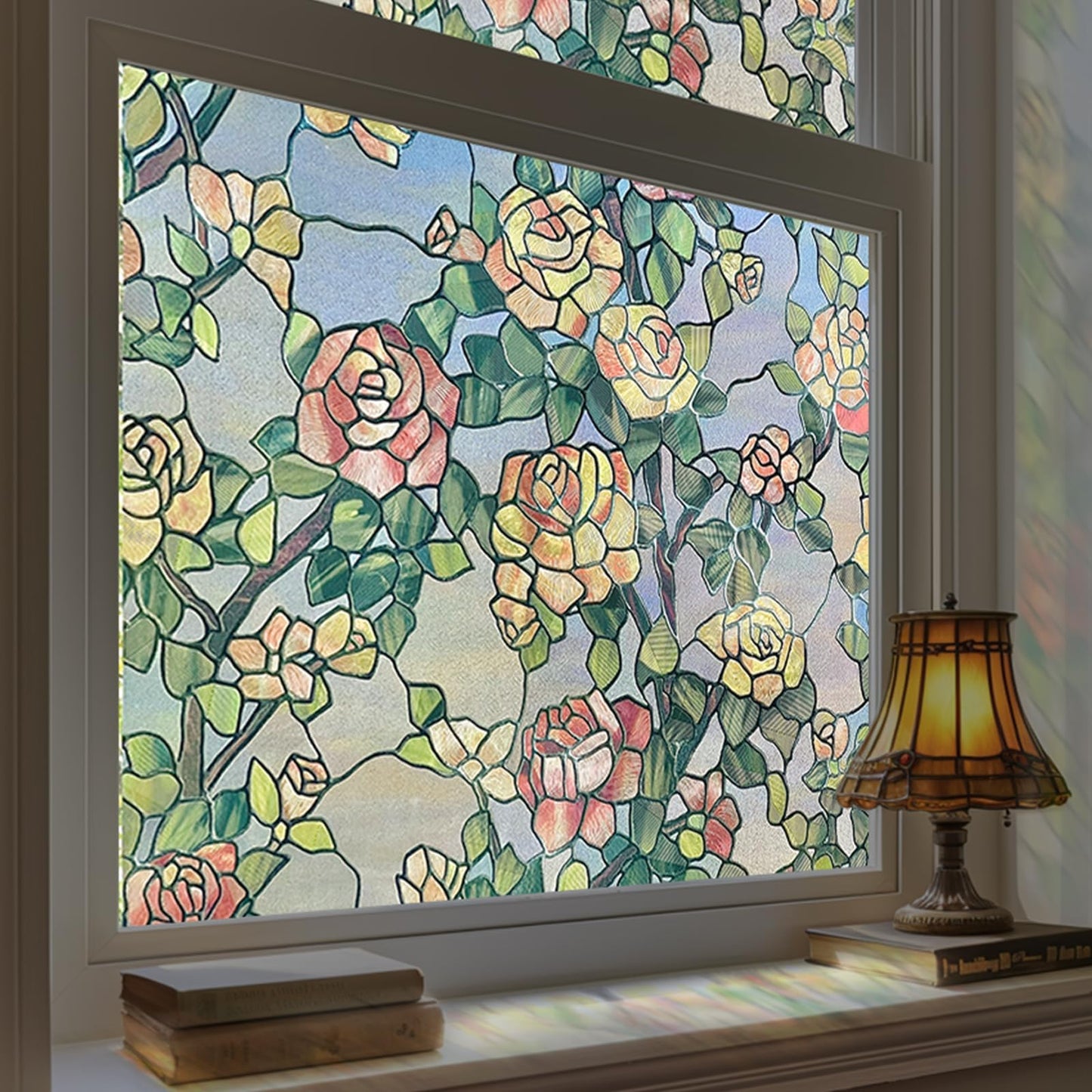 ADD.HERES Stained Glass Window Film, 3D Decorative Window Privacy Film for Bathroom,Front Door,Home, Sun Blocking Heat Control,Static Cling, The Beast's Rose 17.3inch x 47.2inch