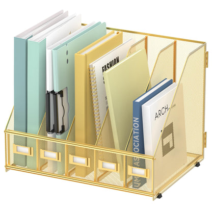 SUPEASY Desk Organizers Metal Desk Magazine File Holder with 5 Vertical Compartments Rack File Organizer for Office Desktop, Classroom, Home Workspace, Gold