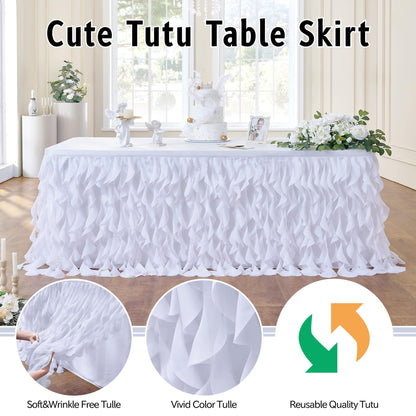 leegleri 72Inch White Tutu Table Skirt for Rectangle&Round Tables-Tulle Curly Willow Table Skirt Decorations, White Ruffle Tablecloth for Wedding Bridal Shower Birthday Party Decorations