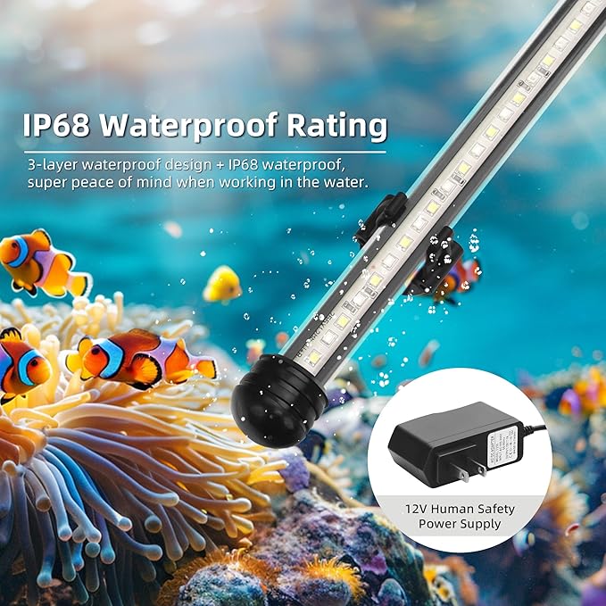 LED Submersible Aquarium Light 6W Underwater Fish Tank Light with Blue White&Blue and White Three Light Modes Timer Automatic On/Off and Dimmer Brightness Adjustable (11inch)