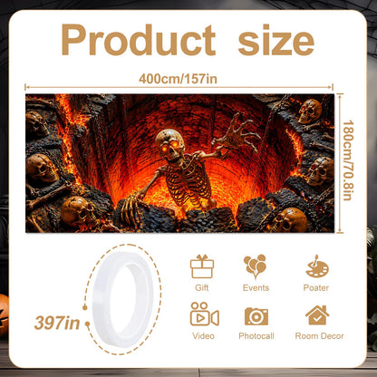 16x7 Ft Halloween Garage Door Banner Cover Decorations, Scary Skeleton Floating in Hell Fire Lava Backdrop, Large Creepy Skulls Outdoor Wall Mural Decor for Double Car Garage Door Holiday Party