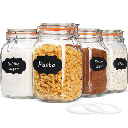 Qianfenie 50 oz Glass Jars with Airtight Lids, Wide Mouth Mason Jars with Clip Top Lids for Kitchen - Square Glass Jars with Chalkboard Labels and Replacement Silicone Gaskets, Set of 4
