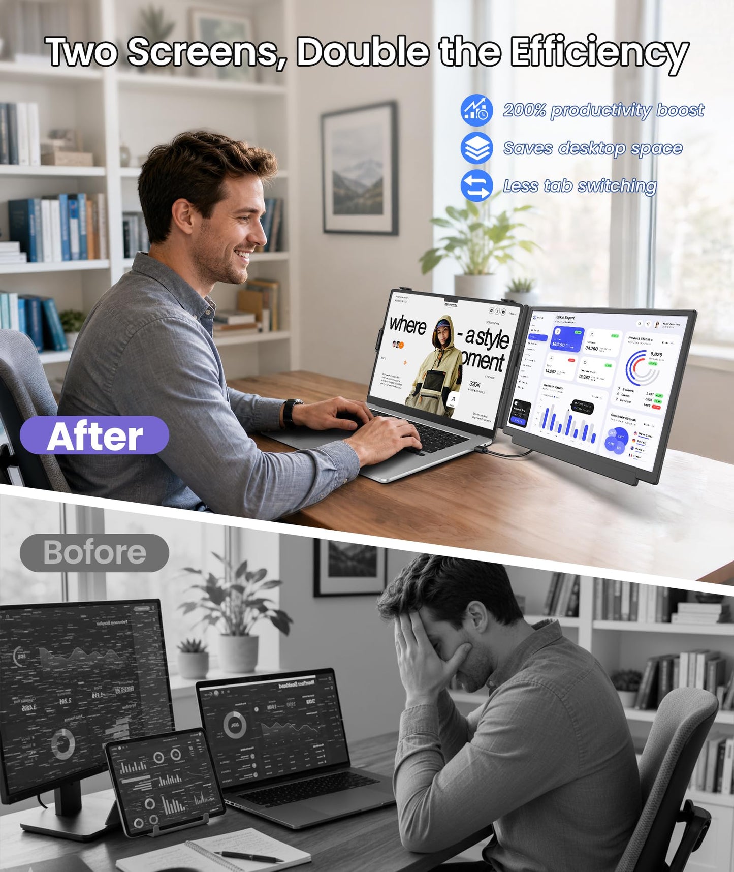 Orfibz 15.6" Laptop Screen Extender, 1080P FHD Detachable Laptop Monitor Extender, One Cable Plug & Play Portable Travel Monitor for 14"-17.3" Laptop Compatible with Wins/Mac/Chrome/Android
