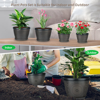 Quarut 4 Pack 8 Inch Flower Pots for Outdoor Indoor, Plastic Plant Pots with Drainage Hole & Saucer, Lightweight Small Flower Pot, Circle Pattern Planters for Garden House planters（Brown）