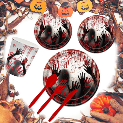 AWLZJZQA 168 Pcs Bloody Halloween Supplies Serve 24 Zombie Horror Halloween Birthday Party Decorations Scream Bloody Good Time Party Plates and Napkins Dinnerware Set Horror Movie Decorations