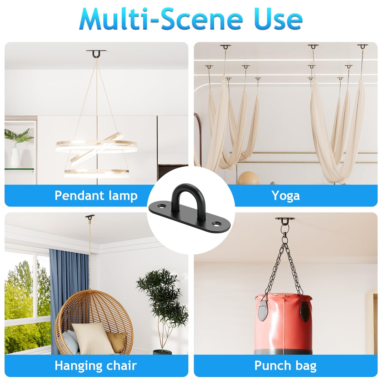 SAYAYO Pad Eye Plate Hooks U Ceiling Hook for Hanging Plants Outdoor Lights Swing Suspension Marine Hardware Staple Hook Loop with Screws Stainless Steel Wall Mount, Black 4 PCS