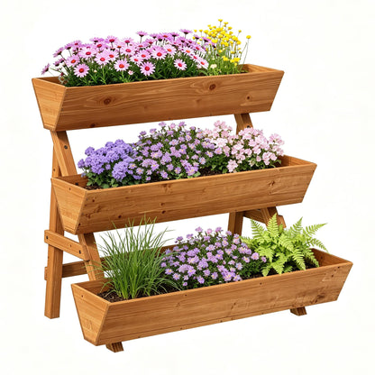 Vertical Wooden Raised Garden Bed, Garden Planters Freestanding Wood Plant Stand Flower Rack Wooden Planter Box for Plants Herbs Flowers Vegetables Outdoor Indoor Gardening (3-Tier Large Brown)