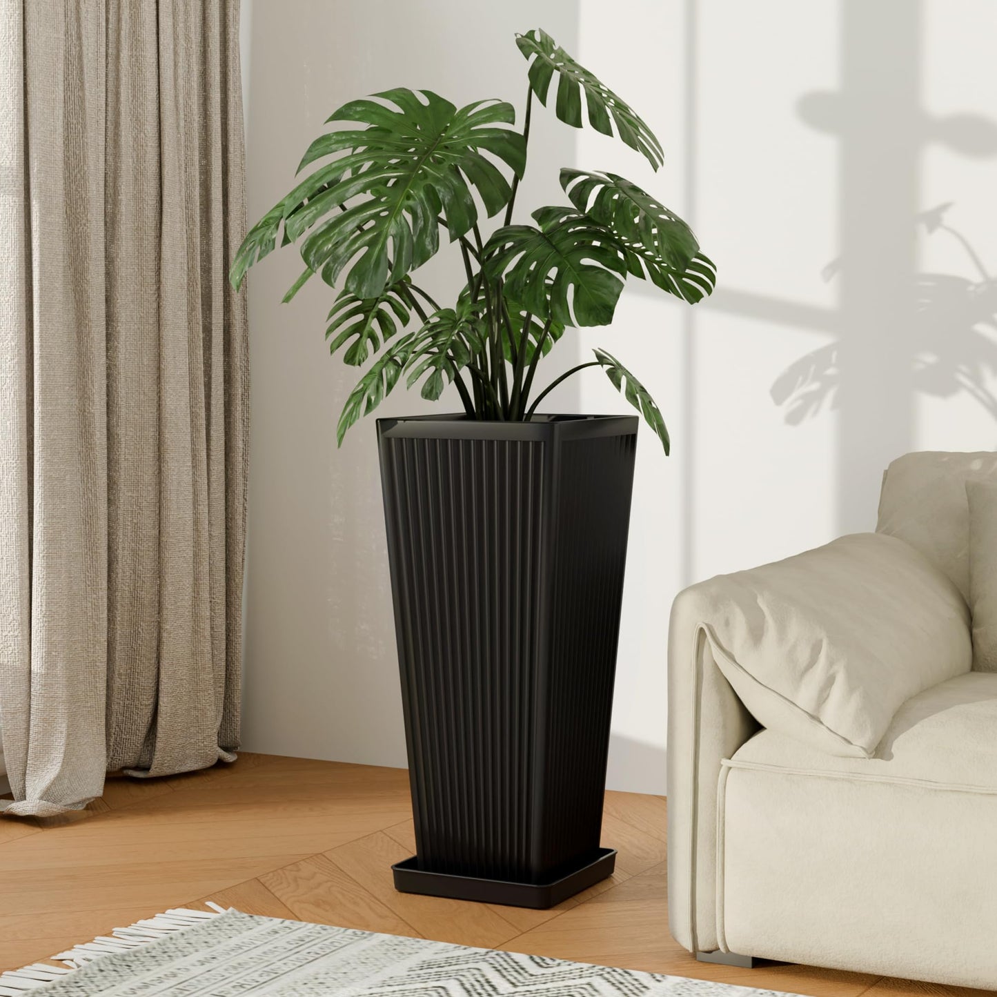 Trygoal Tall Black Planters Outdoor Set of 2-23.6" Modern Tapered Plastic Planters for Outdoor Plants with Drainage Holes/Partition/Tray, Large Indoor Planter for Porch Patio Garden Front Porch