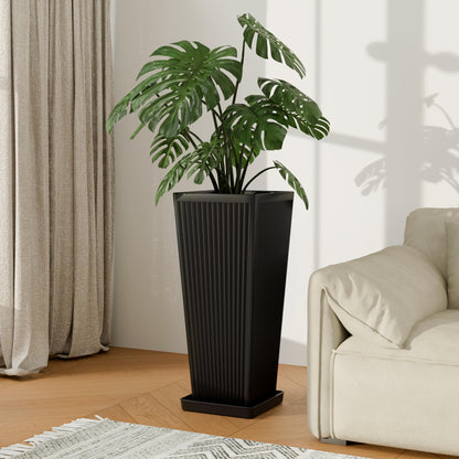 Trygoal Tall Black Planters Outdoor Set of 2-23.6" Modern Tapered Plastic Planters for Outdoor Plants with Drainage Holes/Partition/Tray, Large Indoor Planter for Porch Patio Garden Front Porch