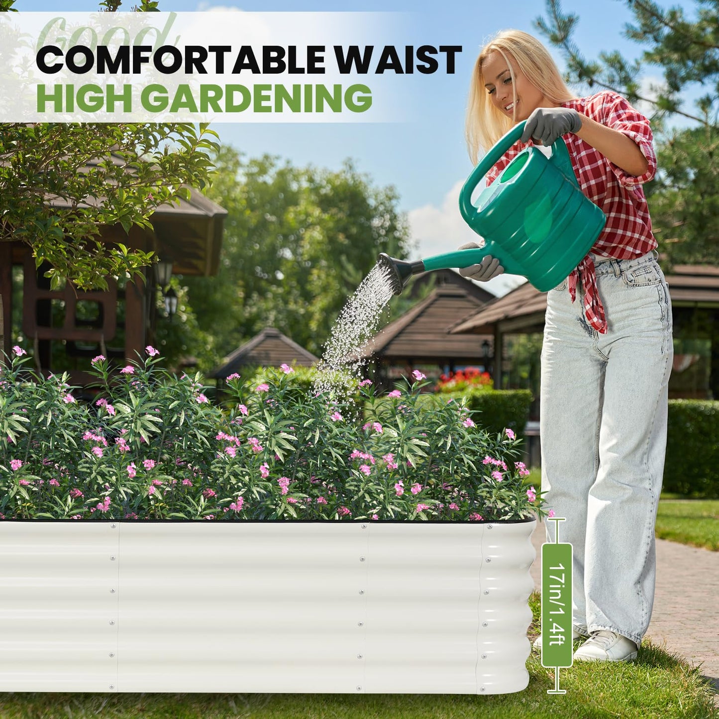 G GOOD GAIN Raised Garden Bed Kit - 5-in-1 Adjustable Galvanized Metal Planter Box with Protective Tape & Gloves & Tools | 8x3x1.4ft Outdoor Raised Bed for Gardening Vegetables, Flowers, Herbs, Green