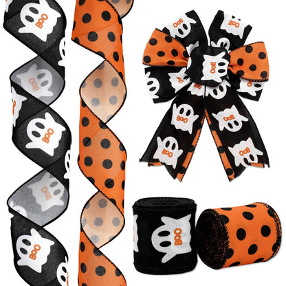 JarThenaAMCS Halloween Wired Edge Ribbon 2.5 Inch 20 Yards Orange Black Ghost Dots Ribbon Spooky Gift Wrap Ribbon for Bow Wreath Craft Party Decor, 2 Roll