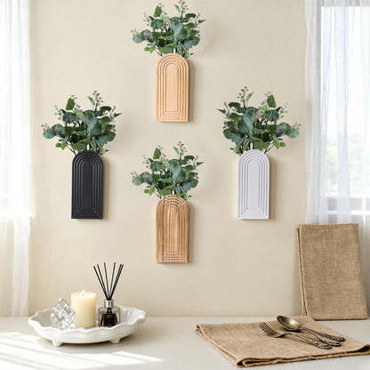 DREAMLOOM 2 Pack Wooden Wall Vases with Fake Plants, Wall Hanging Planters Boho Modern Farmhouse Indoor for Narrow Spaces Entryway Bathroom Home Office Decoration, Black