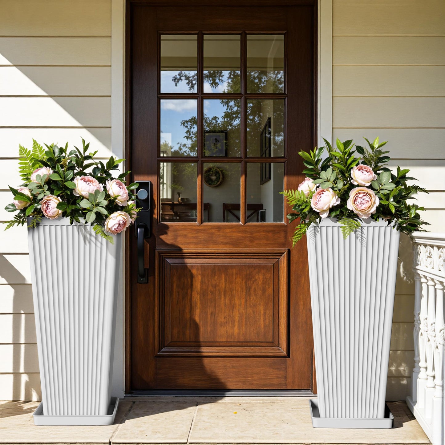 Diyfire Front Porch Planters Outdoor Set of 2, 24" Tall Plastic Planters for Outdoor Plants with Drainage, Extra Large Outdoor Planter Pots, Tapered Tall Planters for Front Door & Indoor Plants, White