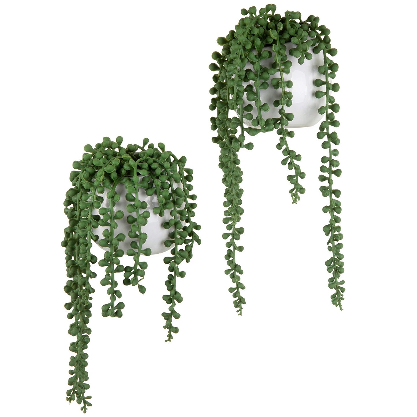 MyGift Artificial Faux String of Pearls Plants in White Ceramic Wall Hanging Planter Pot with Jute Rope, Set of 3