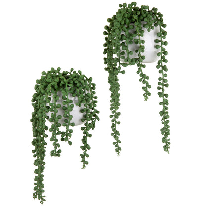 MyGift Artificial Faux String of Pearls Plants in White Ceramic Wall Hanging Planter Pot with Jute Rope, Set of 3