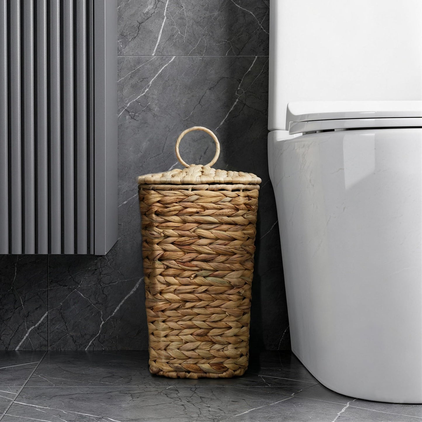 deepredcoast 2.6 Gallon Wicker Trash Can with Lid, Handwoven Water Hyacinth Wastebasket with Removable Plastic Inner Bin, Small Decorative Rattan Trash Can for Bathroom Bedroom Office Kitchen
