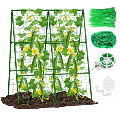 2-Pack A-Frame Cucumber Trellis for Raised Bed - 33"x47" Foldable Garden Trellis with Net & Clips|Space-Saving Metal Plant Support for Cucumber, Tomato, Peas|Rust-Proof Outdoor Climbing Plants Trellis