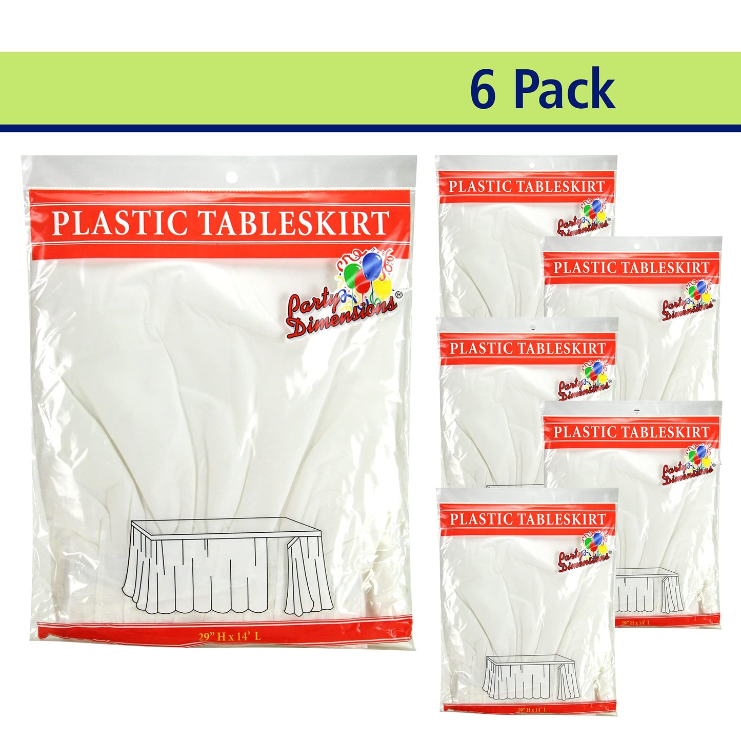 Party Dimensions Plastic Table Skirt, 29-Inches by 14-Feet - White - 6 Pack