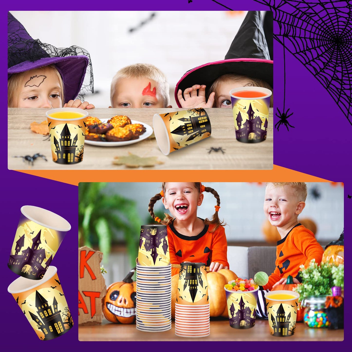 Rtteri 100 Pcs Halloween Disposable Paper Cups 9 oz Disposable Pumpkins Castle Cups for Adults Hot Cold Beverage Juice Snack and Drink Cup Coffee Cups Decoration Supplies for Halloween