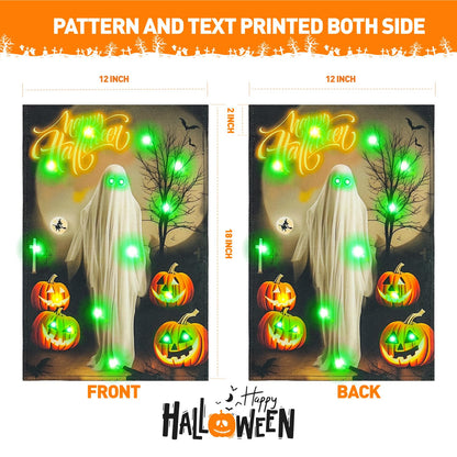 Vigor Home Solar Happy Halloween Lighted Garden Flag Double Sided 12×18 Inch, 8 Modes Led Small Vertical Ghost Pumpkins Spooky Night Yard Flags for Outside Front Porch Lawn Outdoor Decor