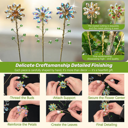 H&D HYALINE & DORA 3 Pcs Crystal Sunflower Suncatchers with 13'' Gold Trellis Metal Plant Stake for Indoor Outdoor Garden Potted Plants Decorations Plant Lover Gift(Ab, Red, Amber)
