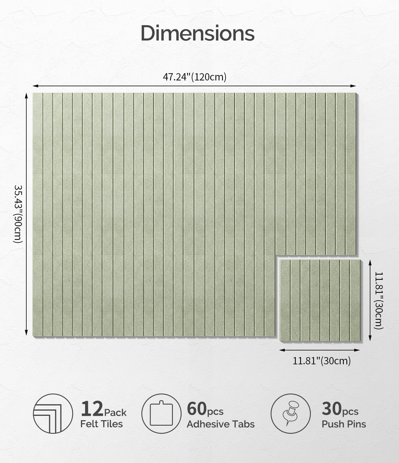 Bounmer Large Cork Board Alternative 48“ x 36”, 12-Pack Felt Bulletin Board Tiles with 60 Safe Removable Adhesive Tabs & 30 Pushpins, Cork Boards for Office Walls Decor (Sage)