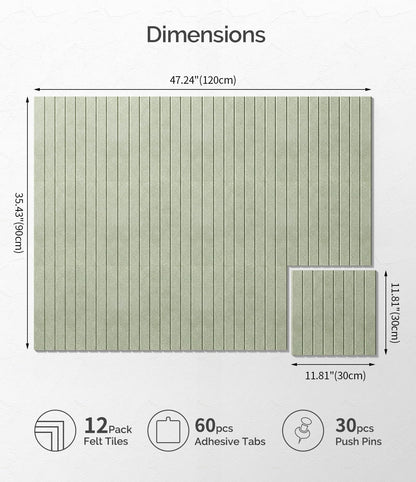Bounmer Large Cork Board Alternative 48“ x 36”, 12-Pack Felt Bulletin Board Tiles with 60 Safe Removable Adhesive Tabs & 30 Pushpins, Cork Boards for Office Walls Decor (Sage)