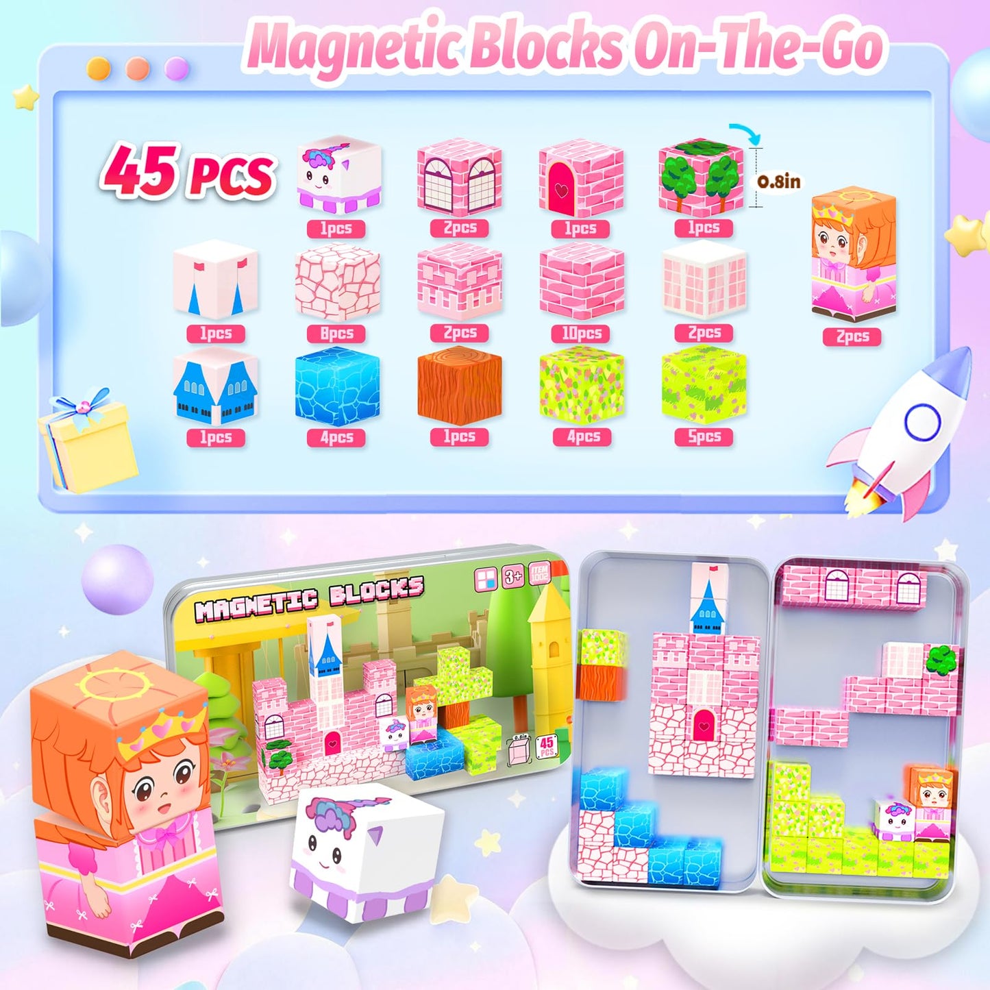 CEMECER Mini Magnetic Blocks for Kids, 45PCS Travel Magnetic Building Block Cubes with Iron Box, Princess Stacking Magnets Toys for Toddlers, Sensory Montessori Construction Toys.