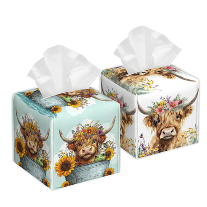 Highland Cow Flowers Square Tissue Box Holder Waterproof Leather Facial Paper Organizer Dispenser for Bathroom Home Kitchen Car Nightstand Vanity Desk，2Pack