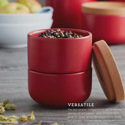 Ceramic and Cork 3 Piece Stackable Salt and Pepper Cellar For Countertop Space Saving1Easy Lift Lid to Retain Freshness for Easy Open, Natural Cork and Red Ceramic