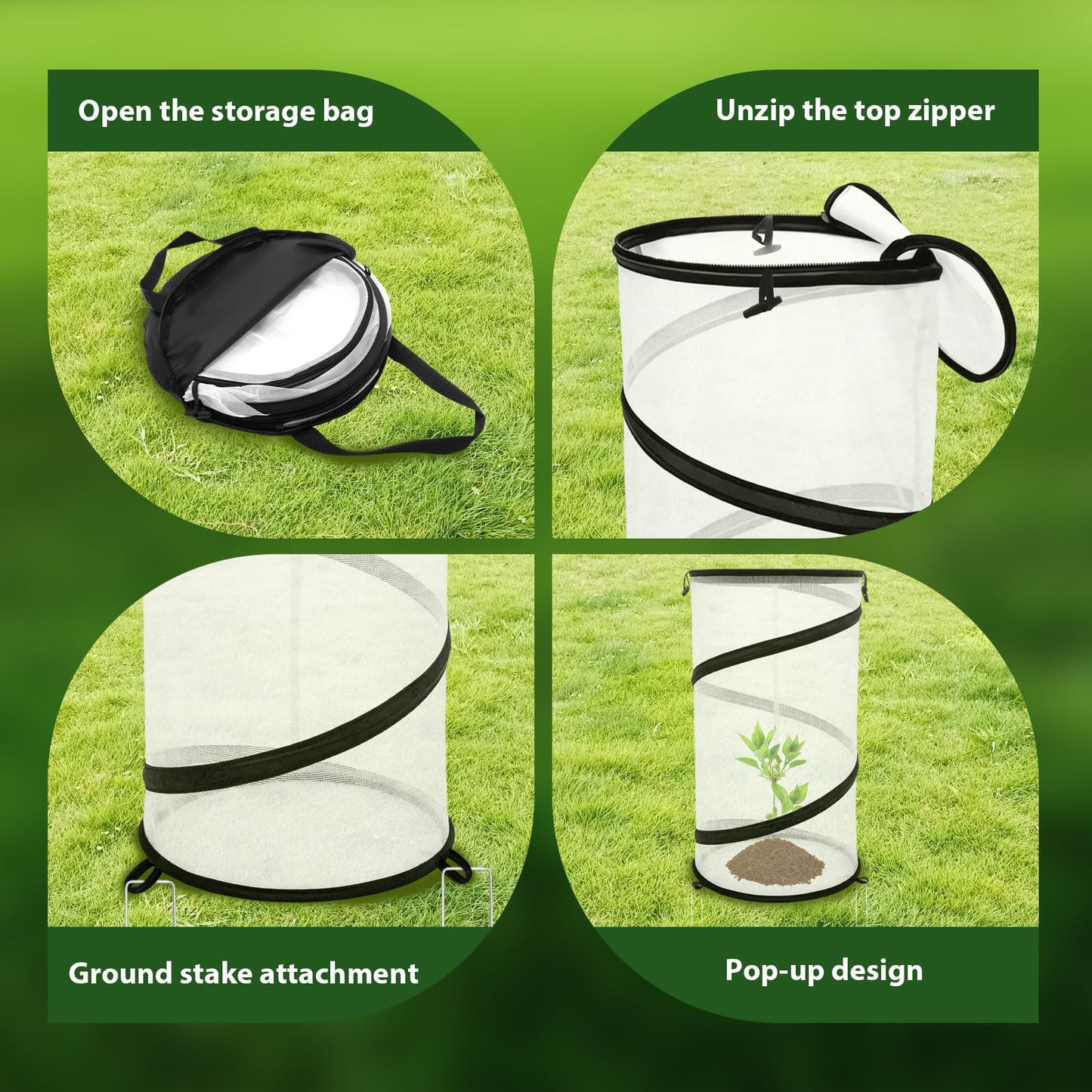 Hoypeyfiy 4 Pcs Pop Up Insect & Bird Barrier Plant Cover Net, 24"x12" Round Foldable Mesh Protector, Garden Cage Guard with Stakes & Carry Bag, Keep Animals & Birds Out for Vegetables and Flowers