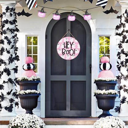 Frugtfrit Pink Halloween Hey Boo Door Decor, 3D Pink Ghost Wood Welcome Sign for Front Porch, Halloween Wreath for Little Boo Baby Shower, Playhouse