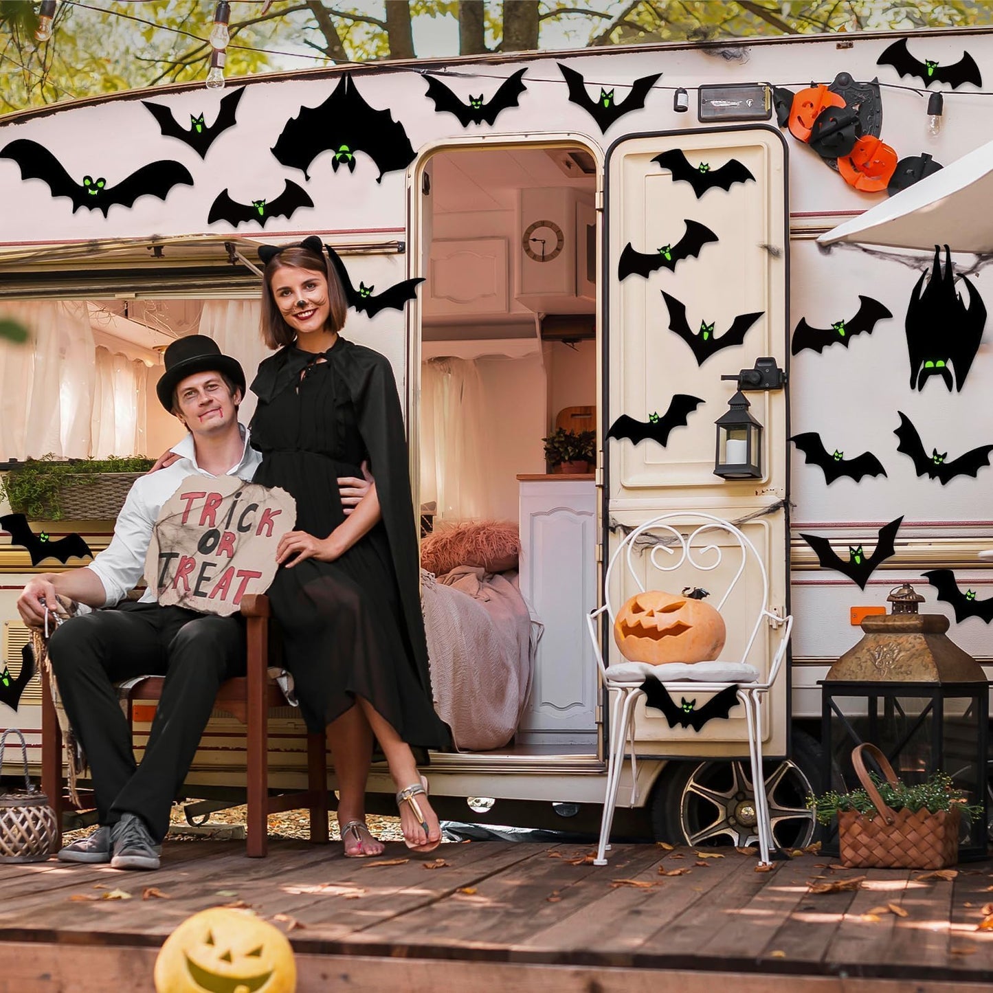 24pcs Halloween Decorations Outdoor Magnetic Bats for Garage Door Decorations with Glowing Eye Stickers Fridge Car Decor