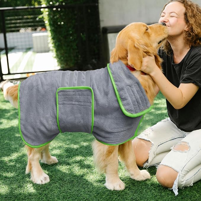 Soft Dog Bathrobe Fast Drying Dog Coat, Super Absorbent Dog Towels for After Bath, Microfiber Pet Robe Adjustable Collar & Belly Warm Keeping Dogs Coat for Pet Dogs & Cats (Grey, Large)