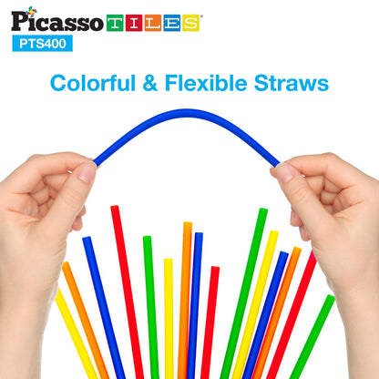 PicassoTiles 400pc Construction Toy Straw Building Set Children STEM Learning Interlocking Building Toys Creative Straw Connecting Builder Kits Early Education Kit for Kids Boys & Girls Ages 3+ PTS400
