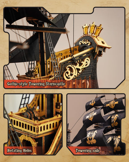 ROBOTIME Seahorse 3D Wooden Puzzles for Adults, Black Sailboat Model Kits for Boys and Men, Home Office Decor Gifts Pirate Ship Building (603 Pcs)
