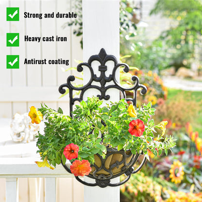 Sungmor 2 Pack Wall Hanging Planter Basket with Fabric Liner, Antique Victoria Style Cast Iron Wall Planter Holder, Outdoor Railing Fence Balcony Metal Hanging Basket Half Round Flower Pots