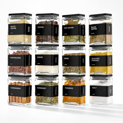MUVEKA Glass Spice Jars with Bamboo Lid, 4oz Square Spice Containers for Pantry Organization, Seasoning Bottles with Labels, Spoons, Funnel for Salt Sugar