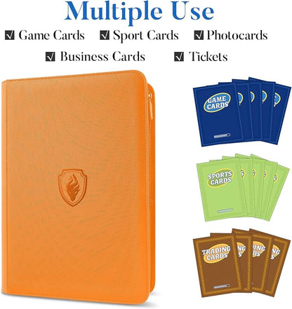 Premium Zip Card Binder, Fabmaker 9 Pocket Trading Card Binder, PU Cover Zipper Card Collection Album, Sturdy 360 Side-Loading Card Folder Holder for Game & Sports Cards, Orange