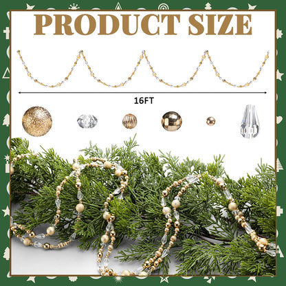 Highergo 16ft Christmas Tree Bead Garland Retro Bead Garland Candy Christmas for Tree Party Supplies Staircase Fireplace Hanging Ornaments (Gold,Ornaments)