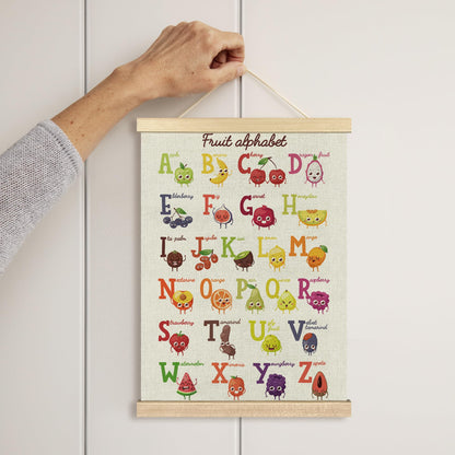 BCUANGD ABC Kids Wall Art - Fruit Alphabet Educational Wall Decor Poster Hanger with Wood Frames, Cute Classroom Wall Hanging Canvas Decor for Playroom Nursery Toddler Kids Room, 12x16 Inches